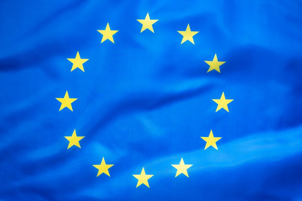 Photo of European Union flag. Waving EU flag.